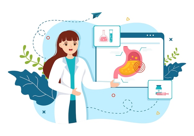 Vector stomach health gastroenterology vector illustration with abdomen pain and medical research templates