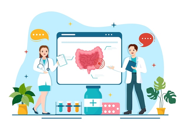 Vector stomach health gastroenterology vector illustration with abdomen pain and medical research templates