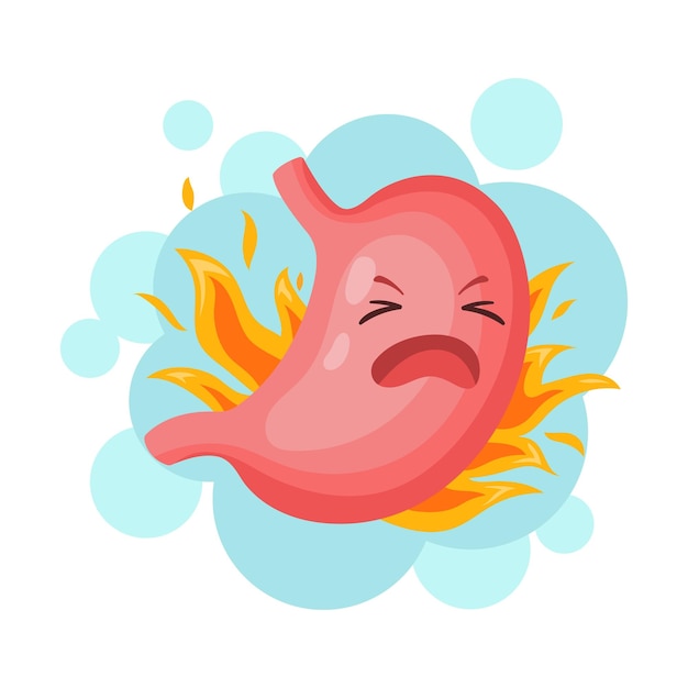 Stomach heartburn Acid burn high acidity and indigestion Cute human internal organ ill belly in fire Gastritis pain abdomen symptoms neoteric vector illustration