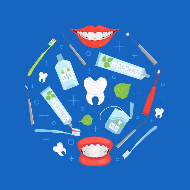 Vector stomatological tools of round shape dental care concept vector illustration