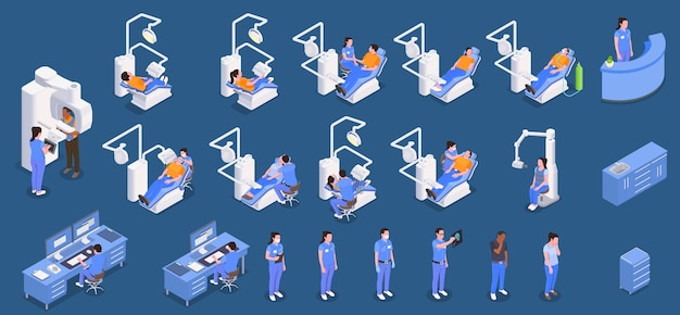 L'insieme isometrico della clinica di stomatologia con i simboli di igiene e cura dentale ha isolato l'illustrazione di vettore