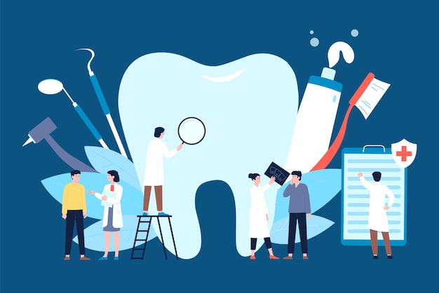 Vettore i medici di stomatologia trattano il concetto di controllo dell'ortodonzia dei denti di supporto del dentista salute dentale cura dei denti in clinica e trattamento della carie recente scena vettoriale