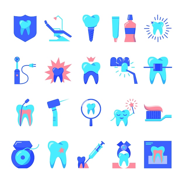 Vettore set di icone per la stomatologia e la cura dei denti