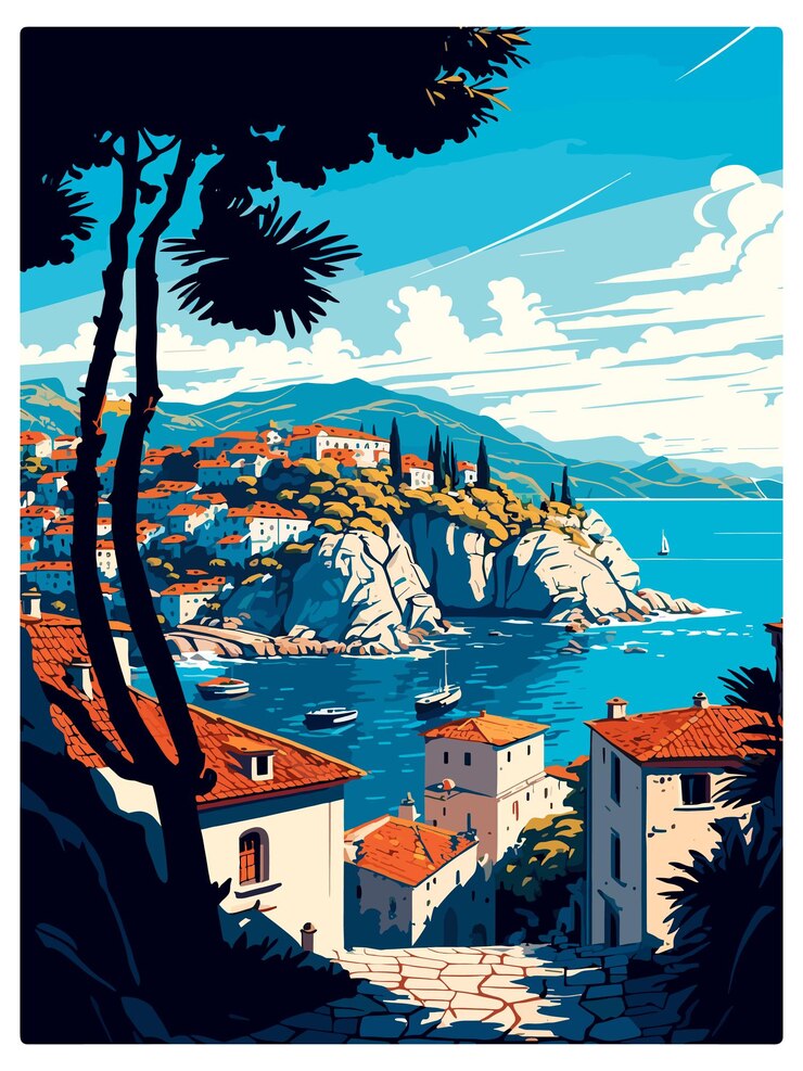 Vector ston croatia vintage travel poster souvenir postcard portrait painting wpa illustration