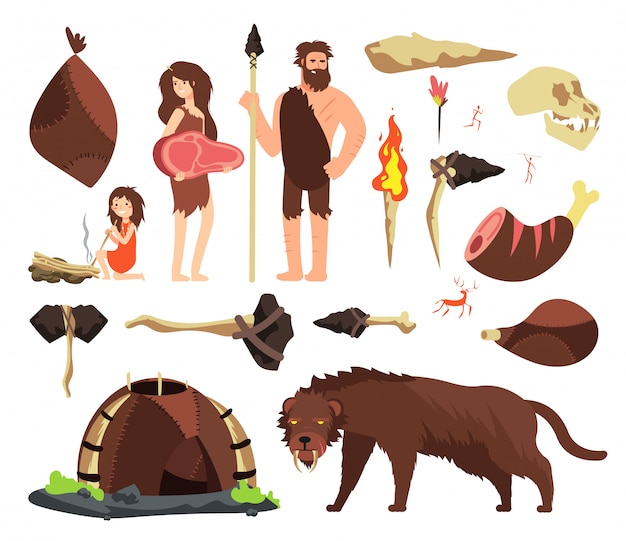 Vector stone age caveman. hunting neolithic people, mammoth and prehistoric tools.