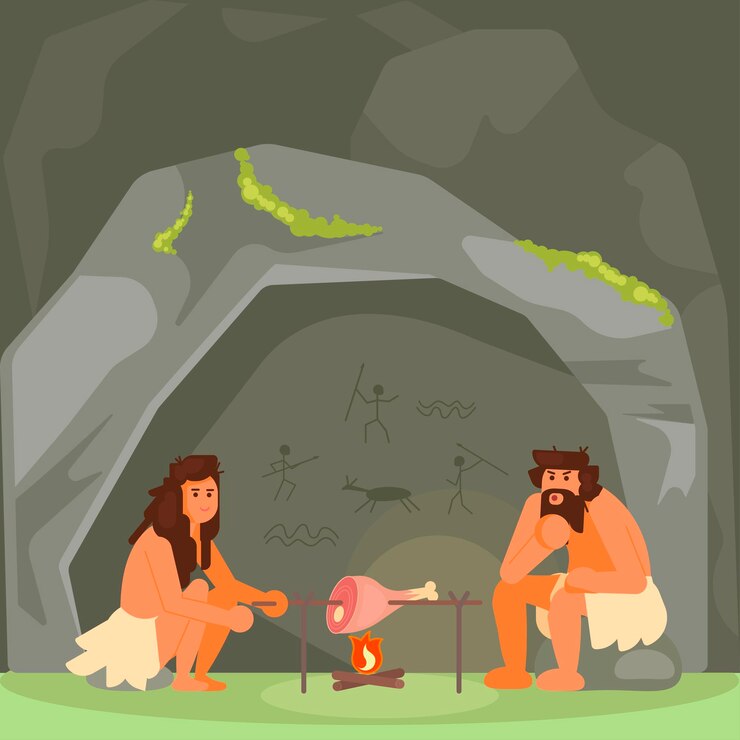 Vector stone age couple cooking meat vector illustration