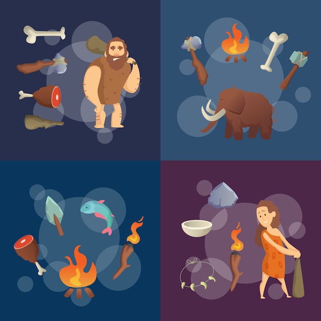 Vector stone age elements. vector cartoon cavemen illustration