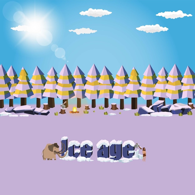 Stone Age Man and Mammoth in ice age snow nature background vector design