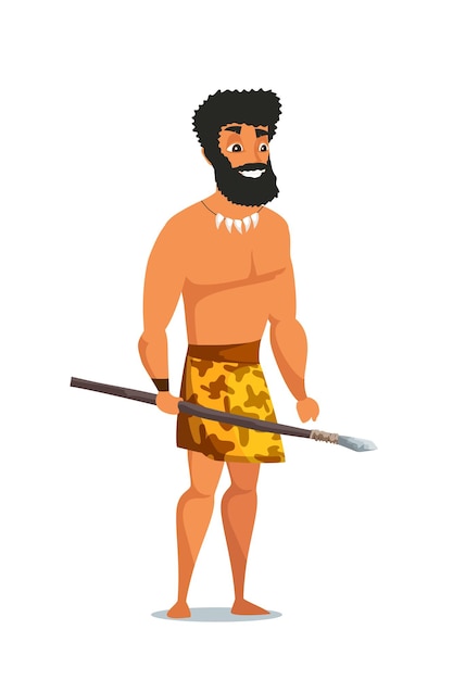 Stone age man with spear, primitive ancient male character.