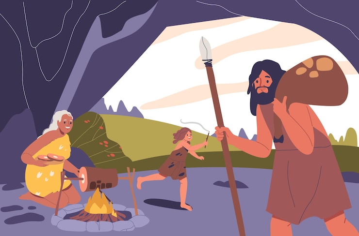 Vector stone age people in a cave setting with a rugged atmosphere featuring a spearwielding man