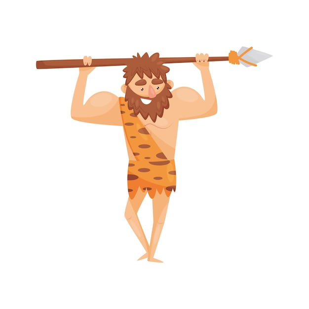 Stone age prehistoric man with spear primitive cavemen cartoon character vector illustration isolated on a white background