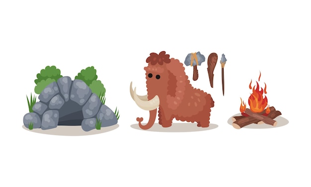 벡터 stone age primitive tools and cave vector set