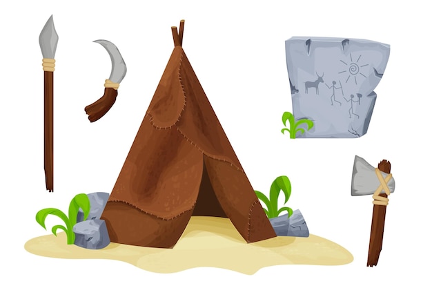 Età della pietra con strumenti da capanna barbari e armi da roccia e bastoncini di legno in stile cartone animato
