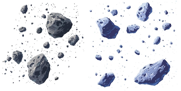 Vettore cintura di asteroidi di pietra illustrazione vettoriale realistica pietra o roccia spaziale meteorica con crateri che volano