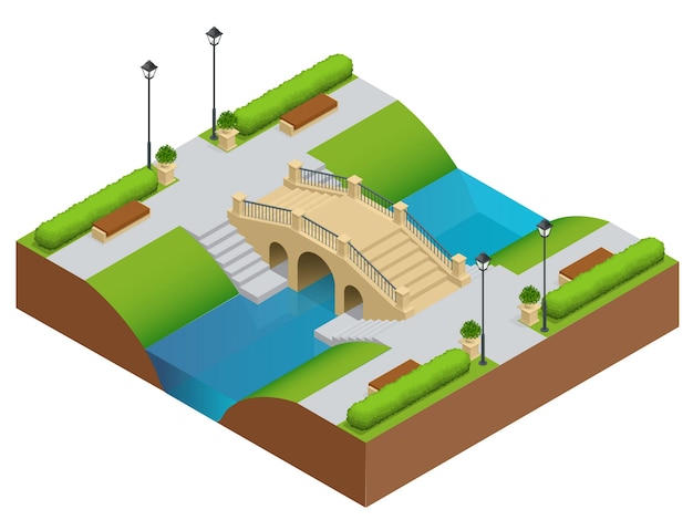 Вектор Каменный мост через реку. романтический камень моста в парке. плоский векторный пейзаж с изображением природы. место для отдыха и прогулок. плоская трехмерная векторная изометрическая иллюстрация