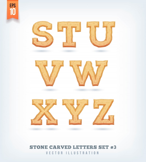 Stone carved letters, numbers and typeface symbols.  illustration.