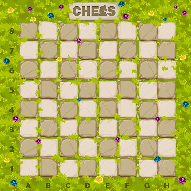 Vector stone chessboard on a background of meadow with flowers