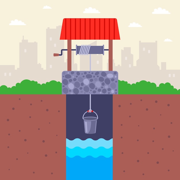 A stone country well with clean water raises a bucket of water. flat illustration