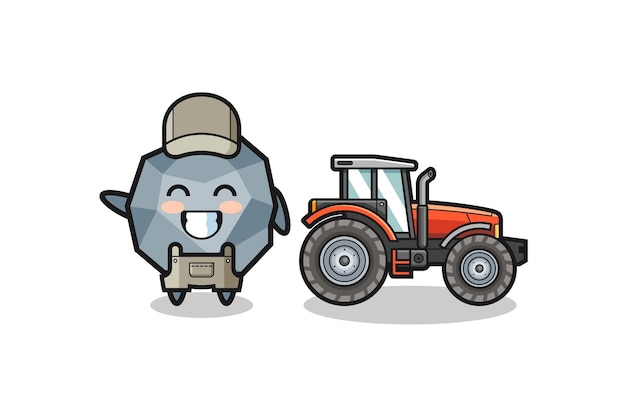The stone farmer mascot standing beside a tractor