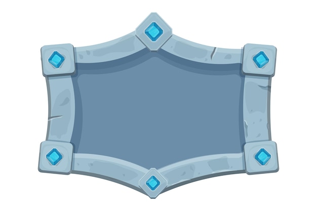 Stone frame with border and gemstones, shield shape, empty medieval menu panel in cartoon