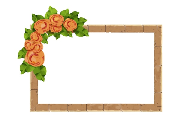 Vector stone frame with floral elegant decoration flowers and leaves in cartoon style border
