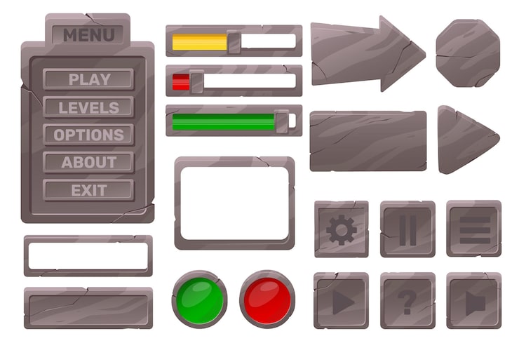 Vector 스톤 프레임 및 버튼 만화 사용자 인터페이스 요소 중세 스타일 바위 텍스처 gui 메뉴 플레이크 및 로딩 진행 바 균열이있는 보드 터 게임 ui 아이콘 설정