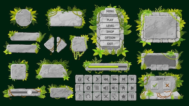 Stone game interface buttons and UI elements