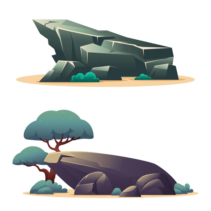 Vector stone grass and bush elements collections with flat cartoon design