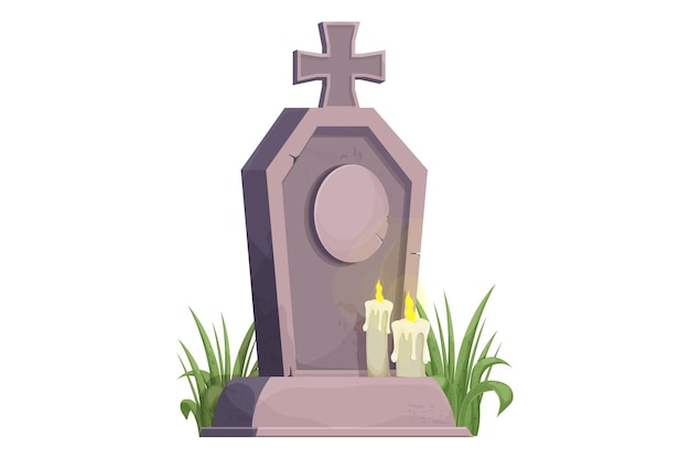 Stone grave memorial with grass and candles in cartoon style