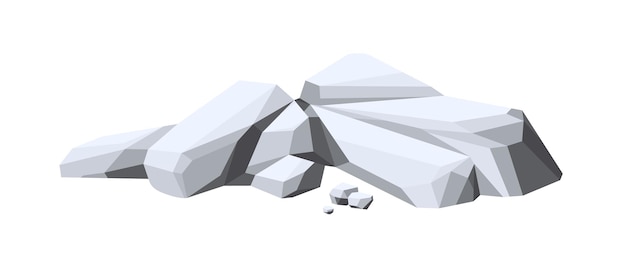 Stone heap. Pile of broken rock formation. Polygonal cobblestone group with cracked pieces and fragments. Geological polygon cartoon vector illustration of cobbles isolated on white background.