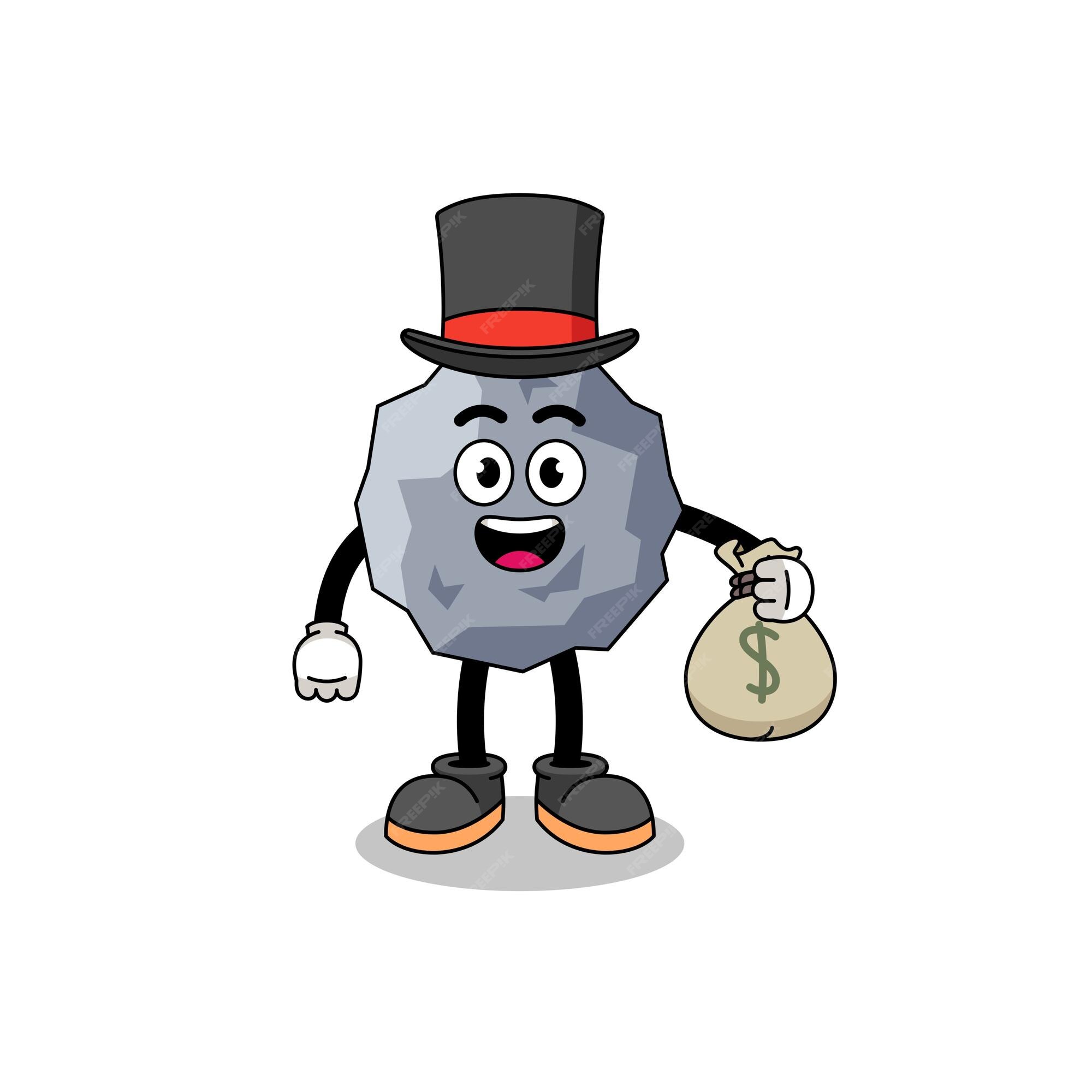 Premium Vector | Stone mascot illustration rich man holding a money sack