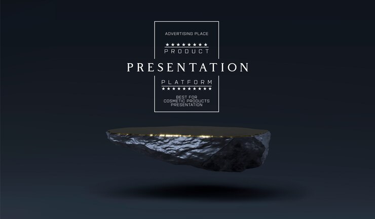 stone podium for product presentation display. Marble black and gold Pedestal, Product Stand.  Minimalistic object placement, cosmetic product stone plate platform.