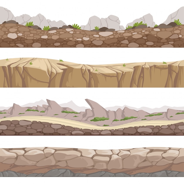 Вектор Каменная дорога бесшовная. рокки игры с коллекцией мультяшных камней разных видов