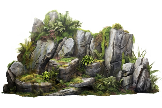 stone rock of boulders with Bush trees and grass sketch vector graphics color illustration on whit