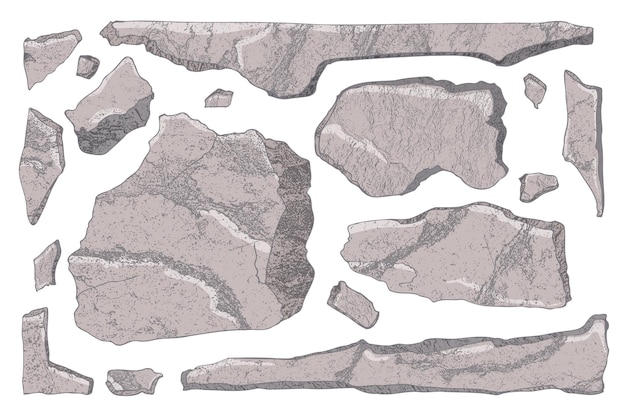 ベクトル 石セット 漫画アート 壊れた岩のブロック 現実的な質感の破片 山 白で隔離 自然なボルダー 壁の形 水彩風 崖 ビーチ 色 石 ベクトル イラスト