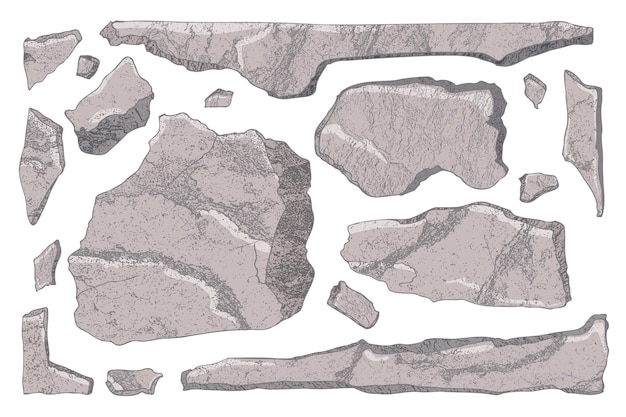 돌 세트 만화 예술 깨진 바위 블록 현실적인 질감 파편 산 흰색 절연 자연 볼더 벽 모양 수채화 스타일 절벽 해변 색상 돌 벡터 일러스트 레이 션