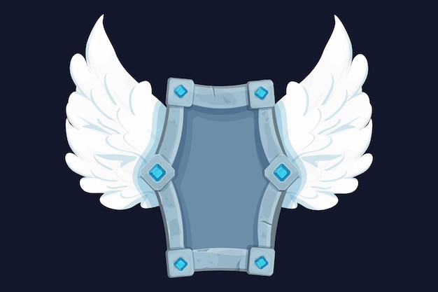 Stone shield, empty frame with gemstones and wings game reward board in cartoon