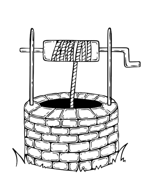 Вектор Каменный колодец с канатом каракули линейный