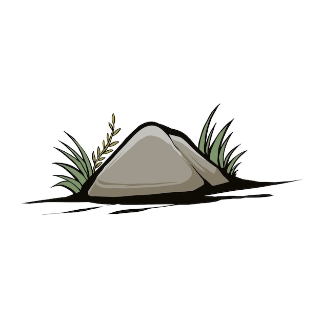 Vector stone with plant boulders and grass vector illustration