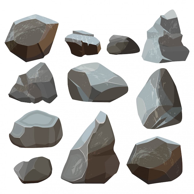 Vettore cartone animato di pietre. illustrazioni rocciose della pietra per lastricare delle montagne della roccia isolate su bianco