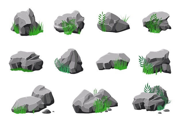 Stones in grass Cartoon natural mountain stone granite design with green 3d rock texture isolated natural boulder Geology recent vector elements