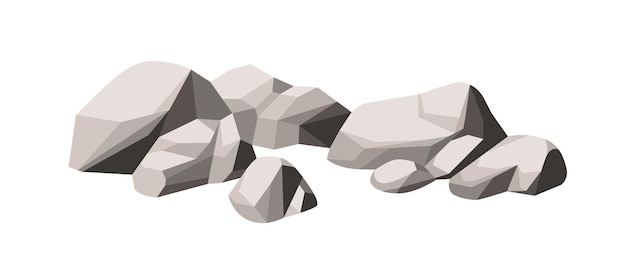 Stones heap. Cracked rocks, pieces and debris. Polygonal cobblestones pile. Angular cobble group composition. Natural fossil. Rocky fragments. Cartoon vector illustration isolated on white background.