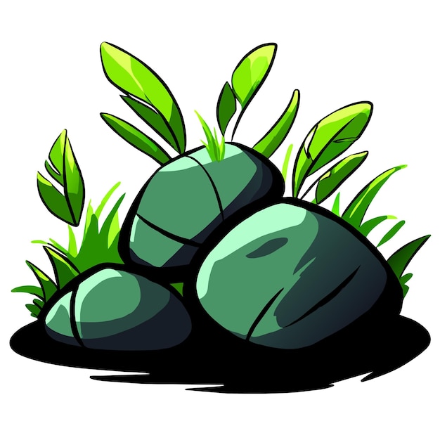 Vector stones with green grass and leaves