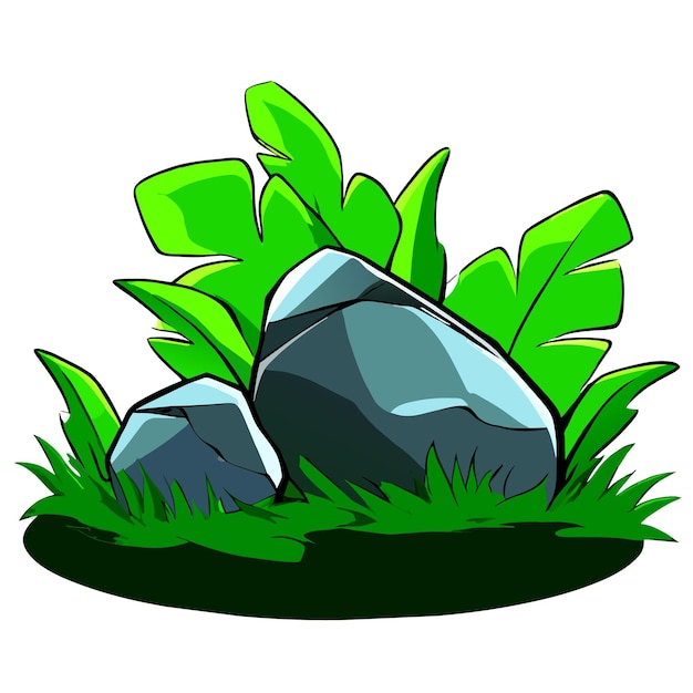 緑の草と葉のある石