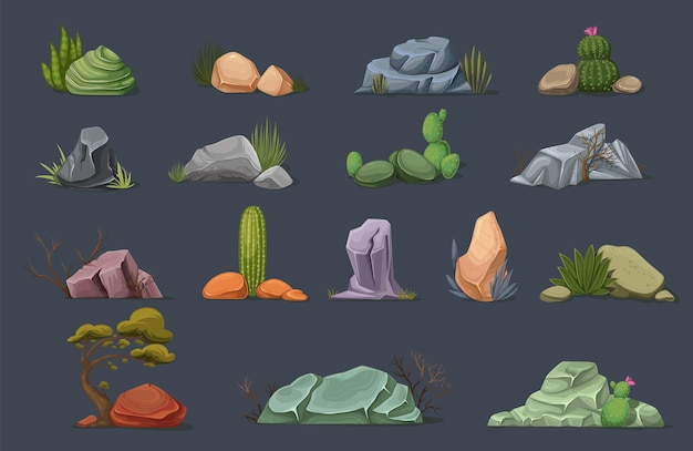 Vector stones with plant, rocks with cactuses, colorful boulders with desert plants and grass. cartoon vector illustration.