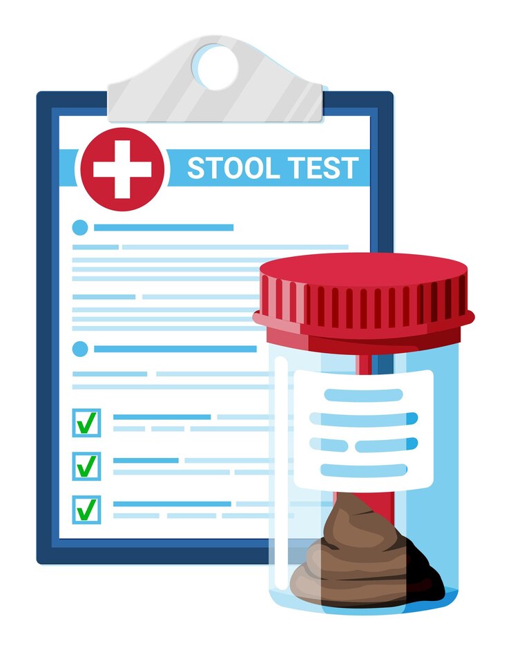 Vector stool test tube medical form with results data isolated stool sample in glass tube laboratory container with excrement poo in plastic bag turd research medical analysis flat vector illustration