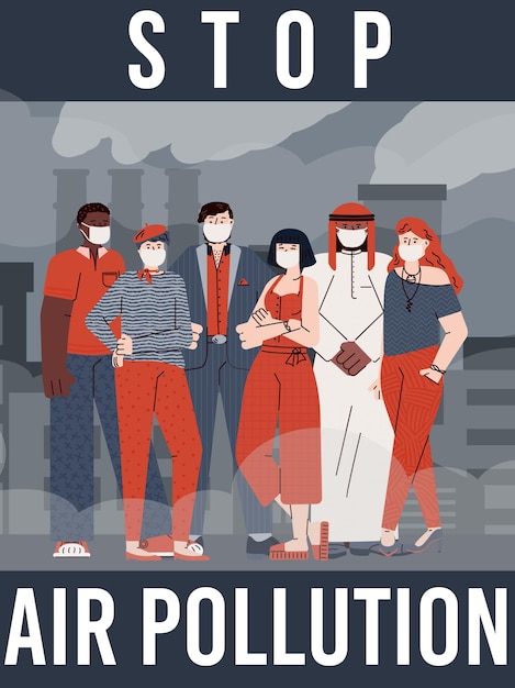 Stop air pollution banner or poster template with cartoon people on smog