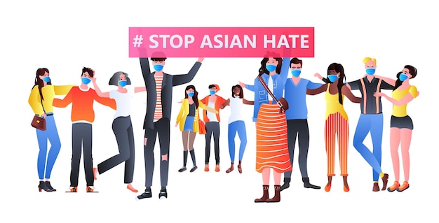 stop asian hate mix race activists in masks protesting against racism support people during coronavirus pandemic concept horizontal full length  illustration