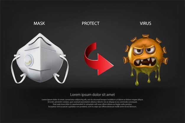 Stop bij mask protection. covid-19-viruscellen of coronavirus en bacteriën sluiten omhoog geïsoleerd op zwarte achtergrond, vector en illustratie.