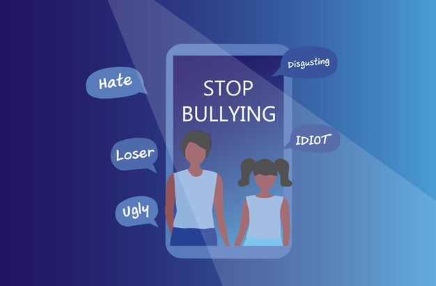 Vettore fermare il bullismo e il cyberbullying per il concetto di bambino due bambino che soffre con critiche negative